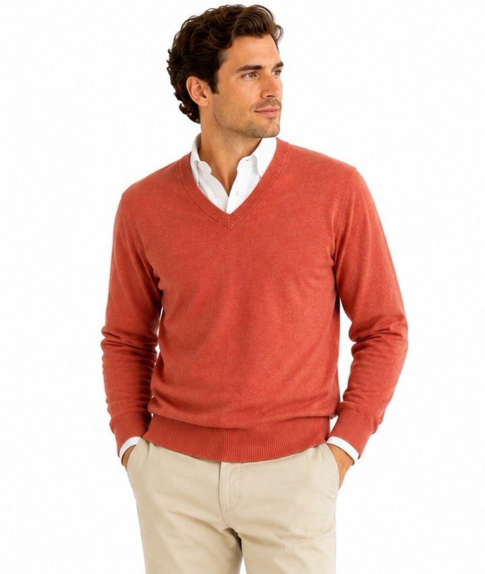 Preppy Old Money Eddie Bauer Men's V-Neck Sweater XL Rust Heather Cotton Linen